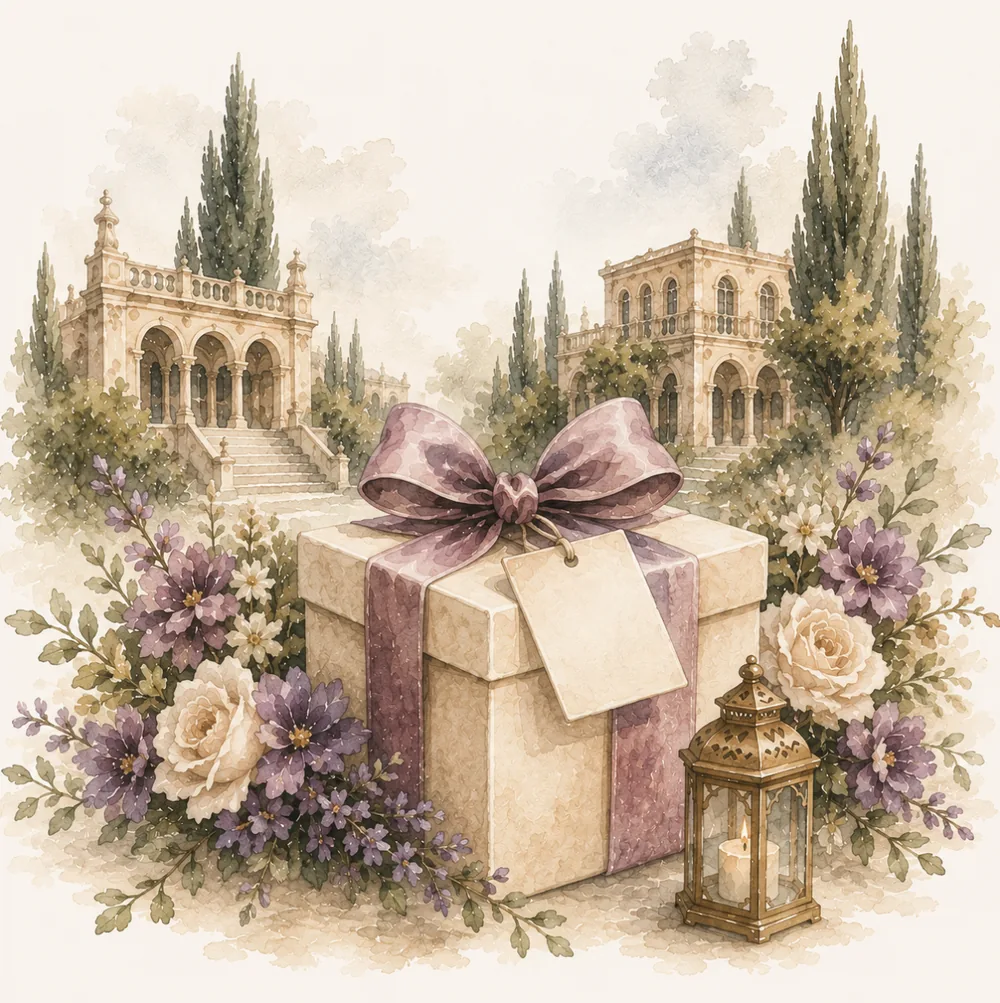 Watercolor of a wedding gift box tied with a mauve ribbon